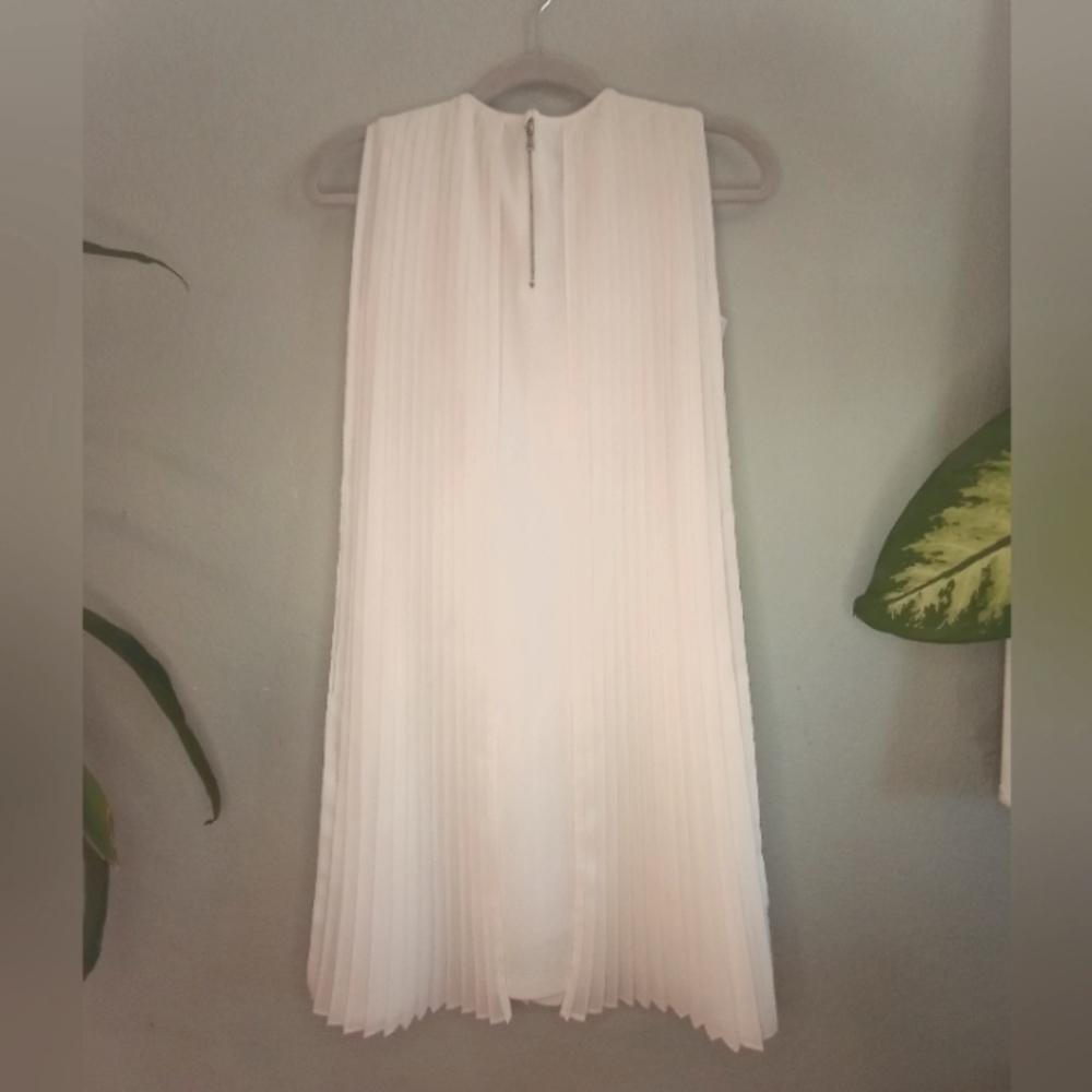 Gracia Flowy Sheath Dress With Pleated Sheer White Draped Knotted Overlay - Picture 4 of 13